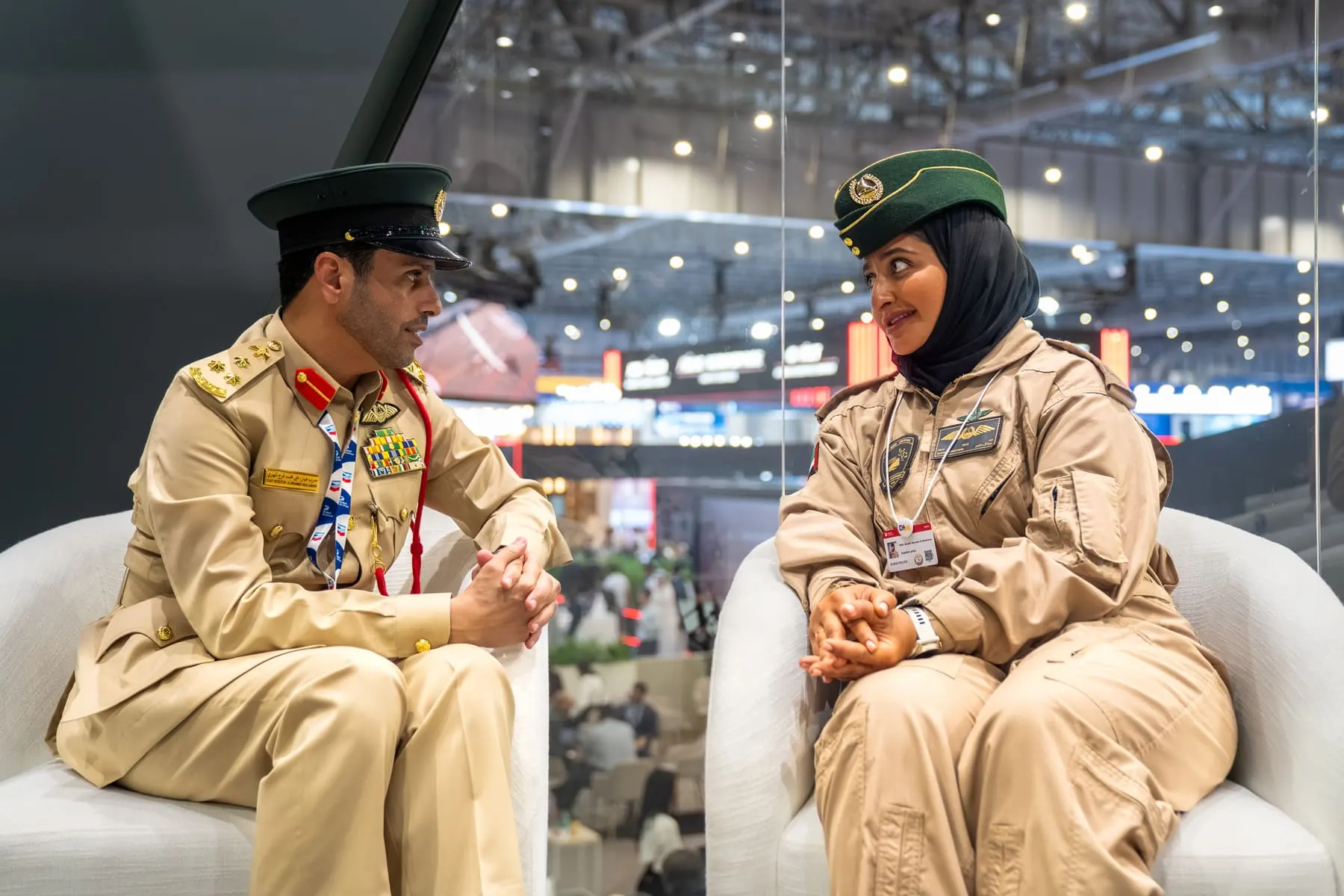 Sheikha Mozah in conversation at an exhibitor stand — Sheikha Mozah — Dubai Airshow 2025 — Agency Verse