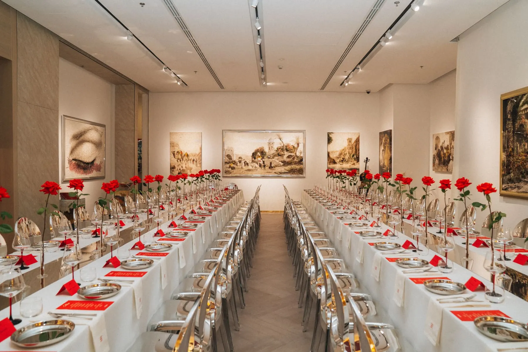 Gala tables set inside the gallery — Eden Gallery — Dubai Art Night — Agency Verse