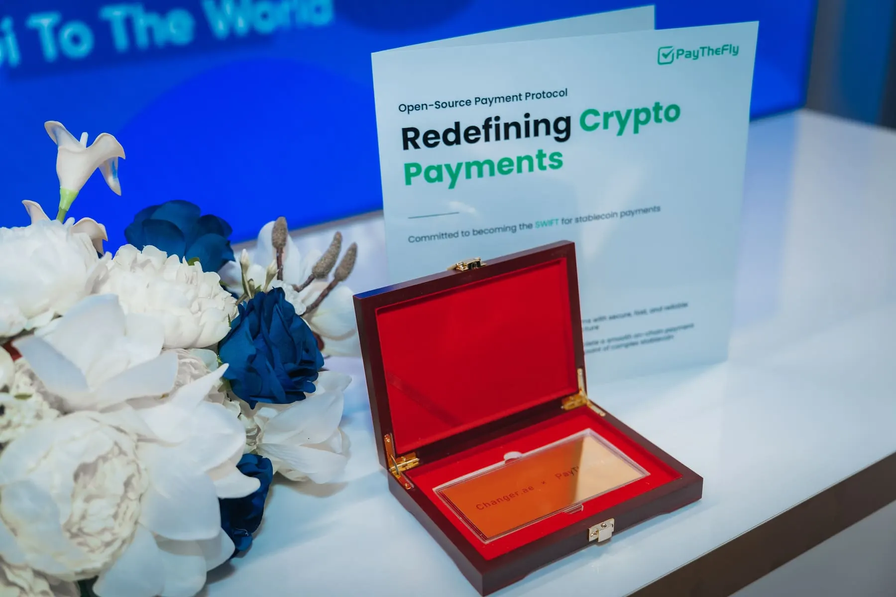Award plaque in a red presentation box — Stablecoin & Digital Asset Forum 2026, Abu Dhabi — Agency Verse